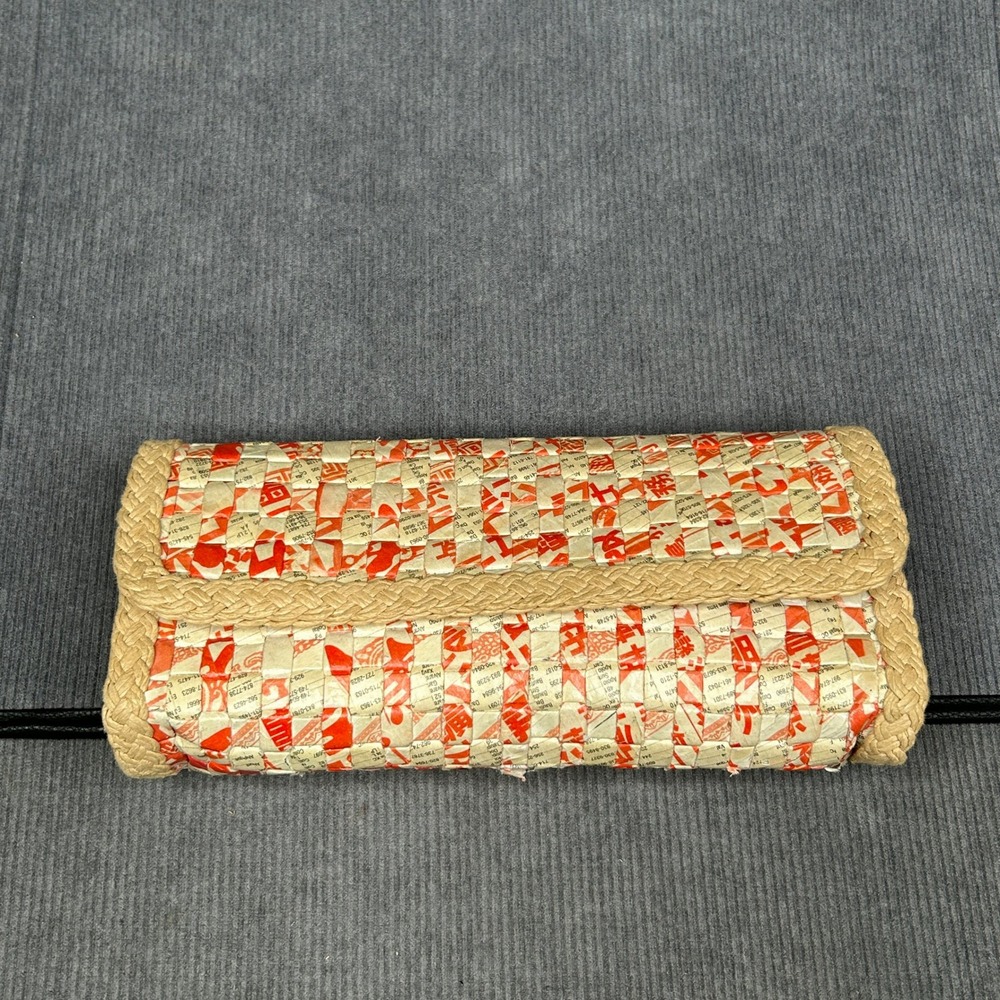 Vintage Red White Woven Recycled Paper Clutch Bag Braided Straw Trim Boho